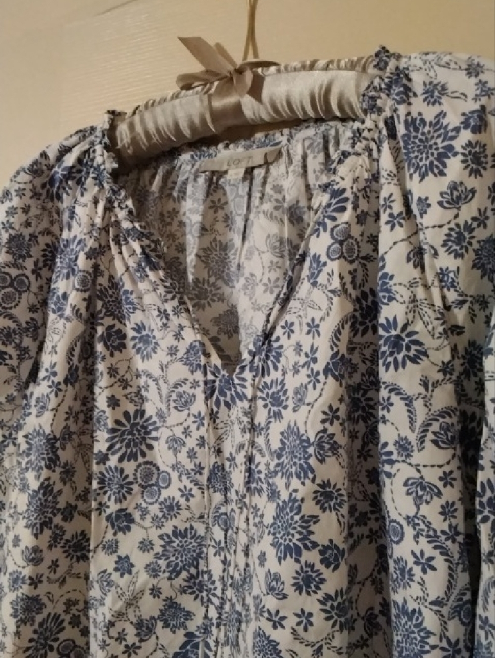 LOFT White Peasant Top with Blue Floral Print - Picture 2 of 7